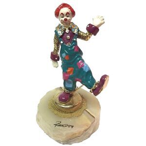 Ron Lee Signed Clown Figurine, Bronze Enamel on Onyx, 1999